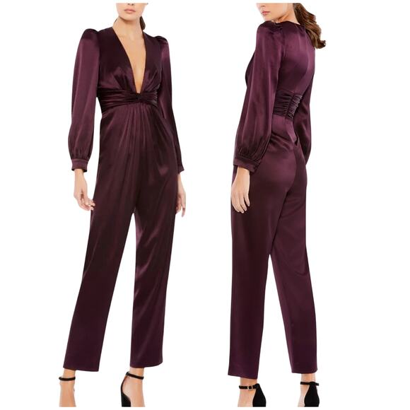 Mac Duggal NWT Plum Front Twist Puff Sleeve Deep V Jumpsuit Satin Size 4 Pockets - Picture 2 of 10
